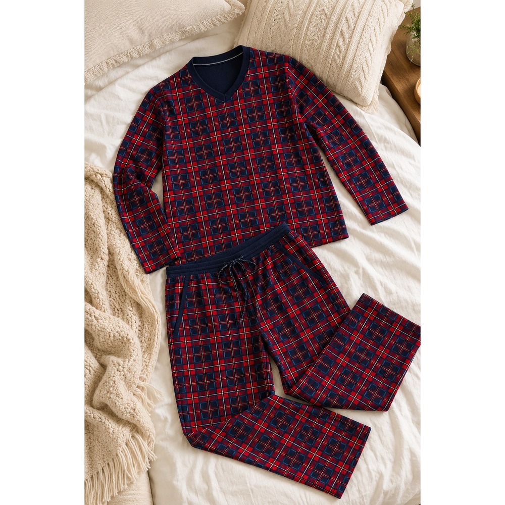 Nautica Mens Pajama Set XXL Plaid Fleece V-Neck Top Pants 2 Piece Loungewear